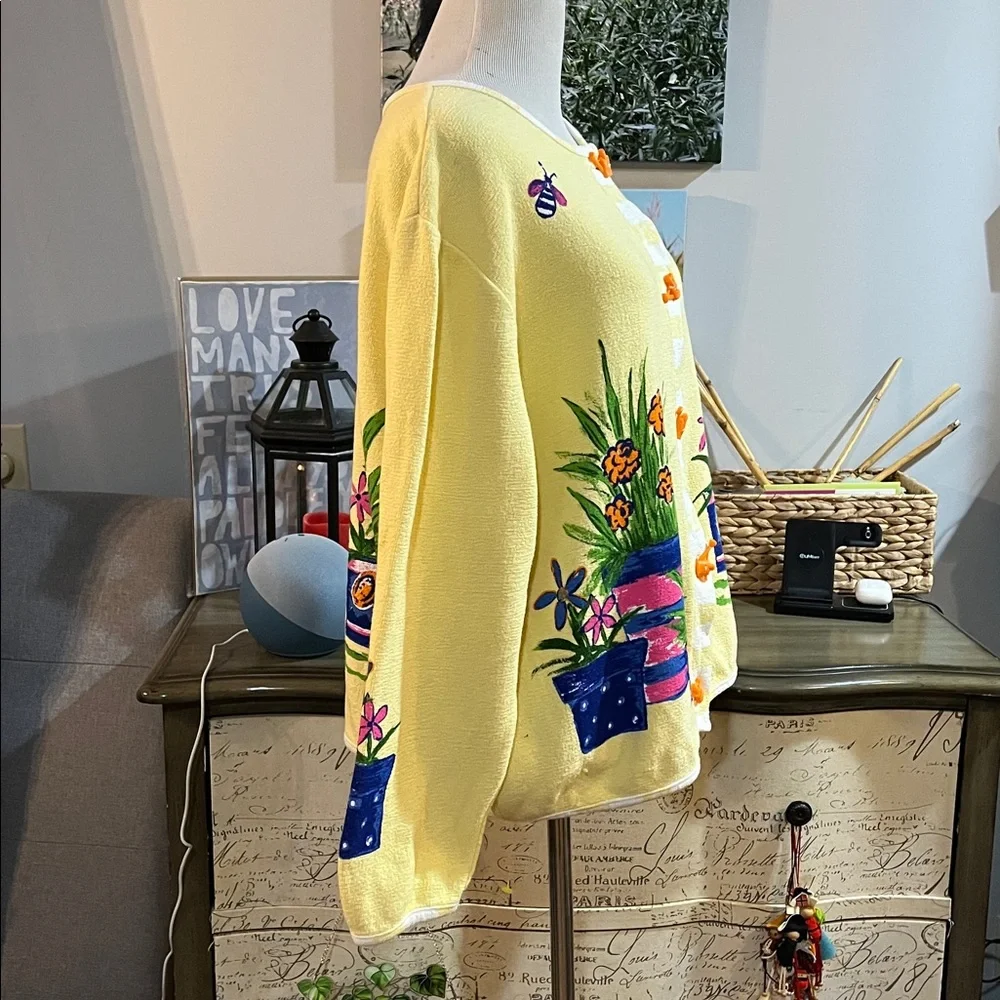 VINTAGE ONQUE CASUALS FLORAL GARDEN CARDIGAN TOP YELLOW MULTICOLOR SIZE LARGE - Picture 6 of 15